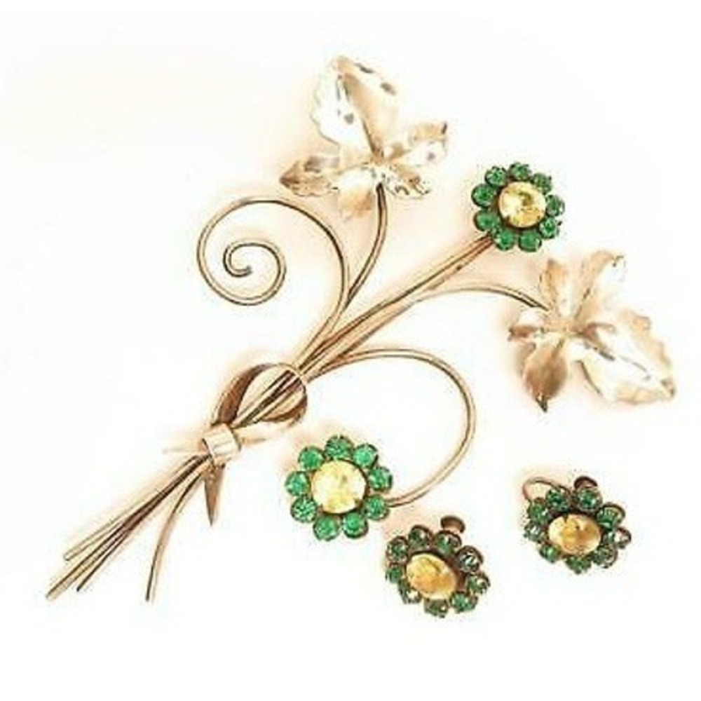 Stunning Huge Vintage Art Deco 20's/30's Sterling Silver Flower Pin Earrings Set